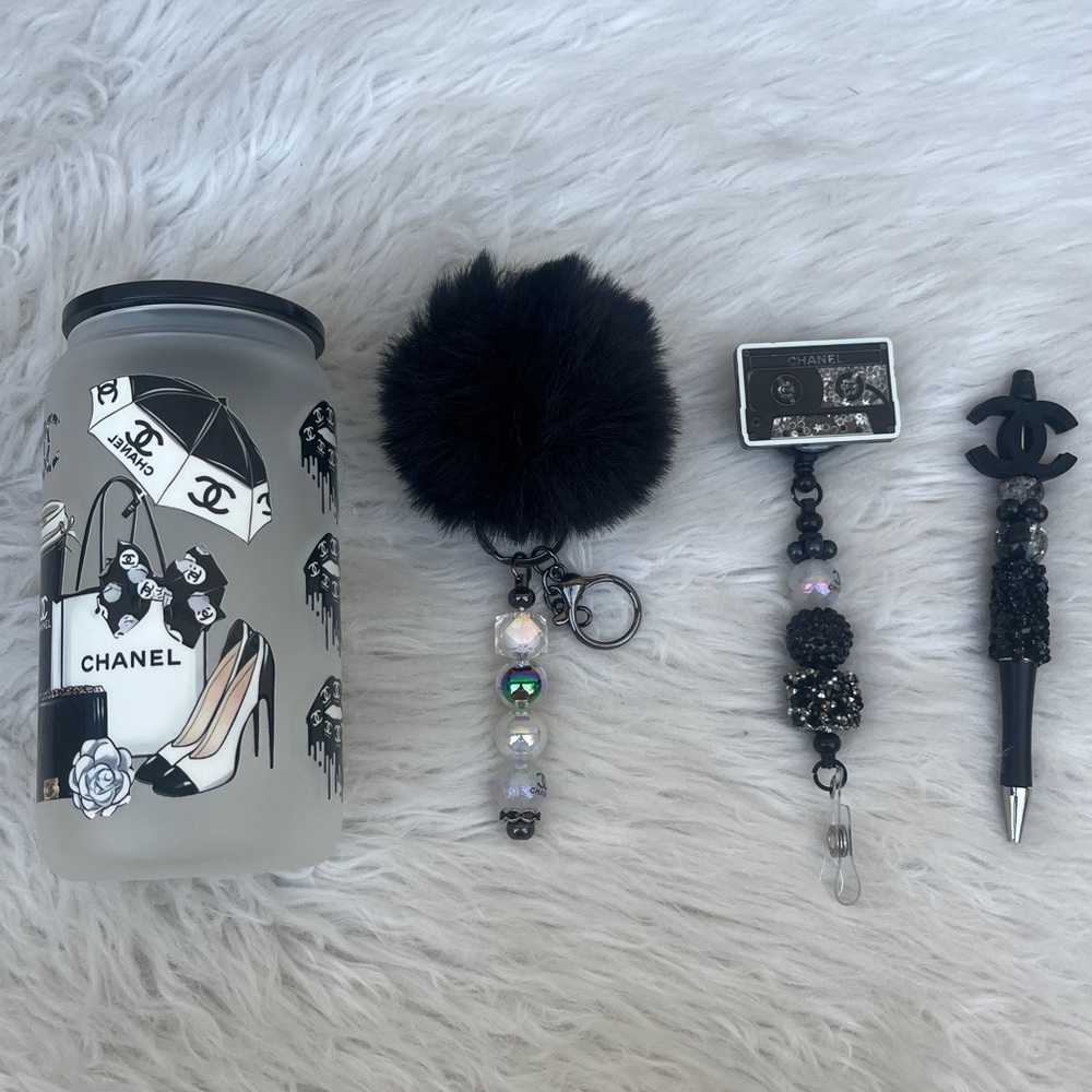 Beaded Stylus Pen ,Keychain,badge ,Glass Can 16  Oz set 4 -piece set